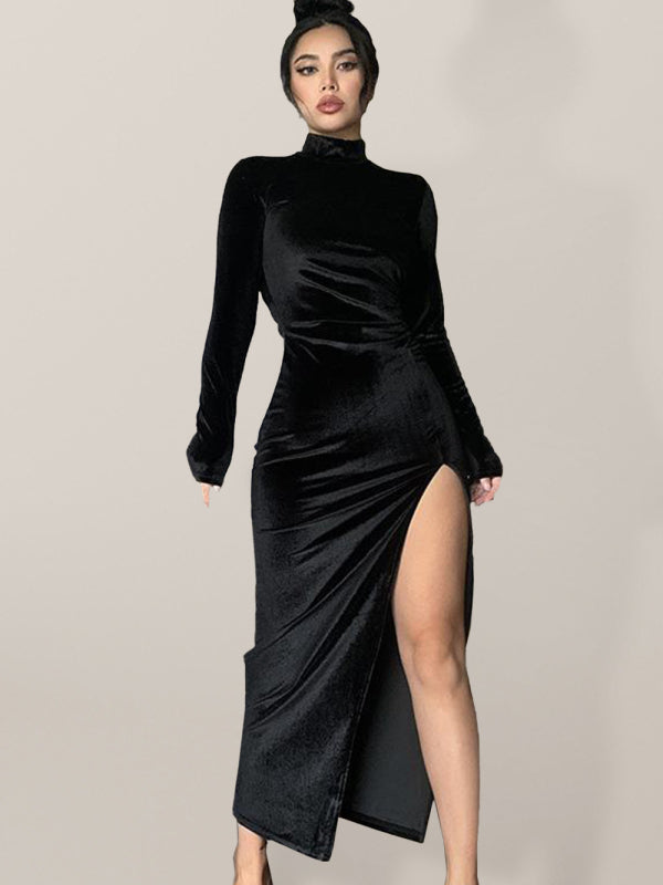 High-neck long velvet dress slim pleated slit dress