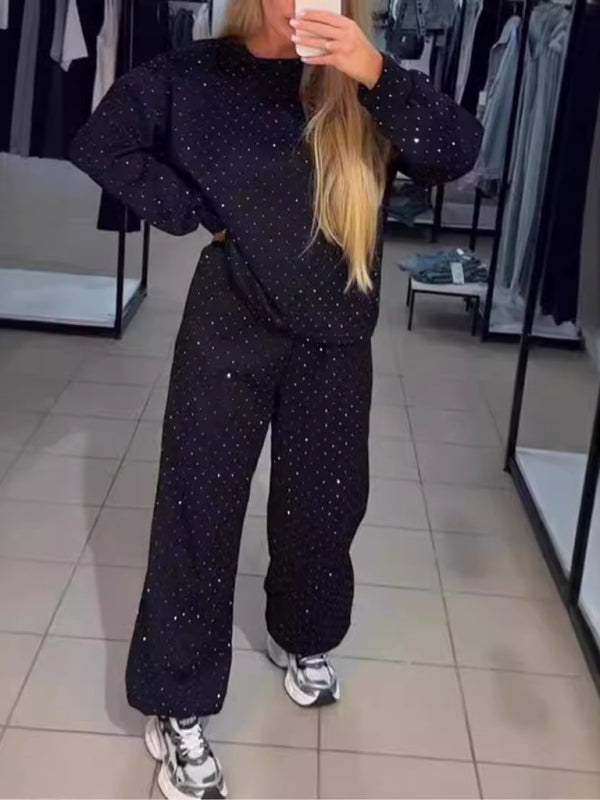 Women's casual round neck long sleeve full body hot diamond drawstring ankle two piece suit