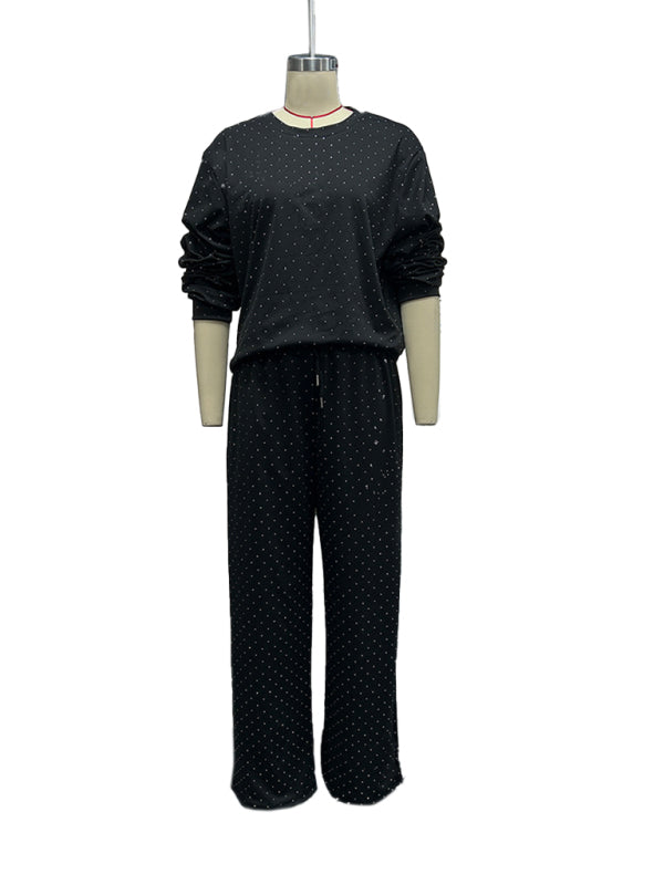 Women's casual round neck long sleeve full body hot diamond drawstring ankle two piece suit
