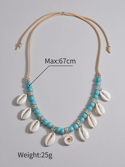 Bohemian shell pendant turquoise beaded velvet braided adjustable necklace for men and women