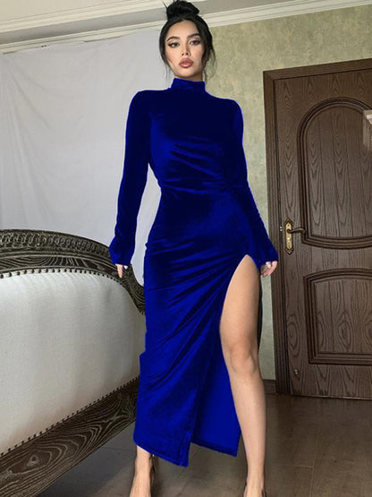 High-neck long velvet dress slim pleated slit dress