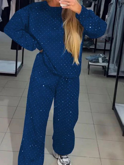 Women's casual round neck long sleeve full body hot diamond drawstring ankle two piece suit