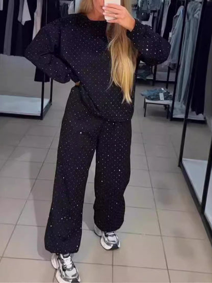 Women's casual round neck long sleeve full body hot diamond drawstring ankle two piece suit