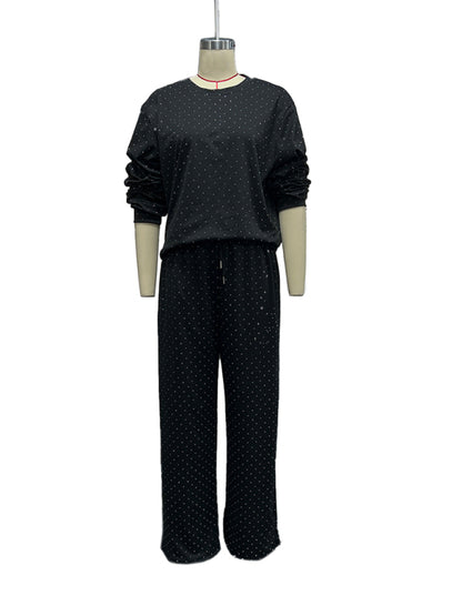 Women's casual round neck long sleeve full body hot diamond drawstring ankle two piece suit